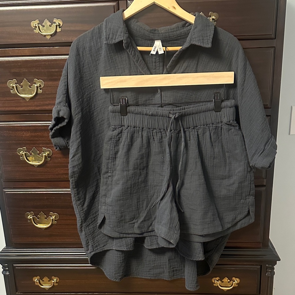 Pact Coastal Collection, Charcoal Gray Button-Up Shirt and Shorts Set, size S